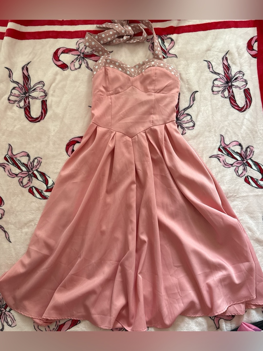 Lindy Bop pink and white polka dot retro halter dress S